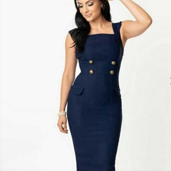 Unique Vintage Dresses & Skirts - Unique Vintage Barbie Navy Blue Buttoned Sheath Dress w/ Pockets size small